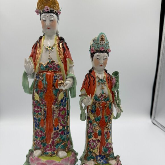 Pair Antique Chinese Porcelain Figures of Kwan Yin and Bodhisattva- Famille Rose